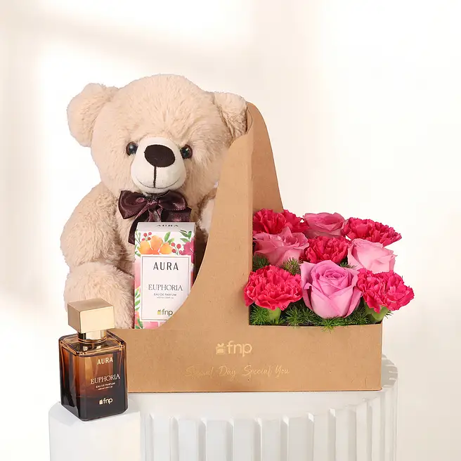 Women’s Day Teddy, Perfume n Bloom Hamper